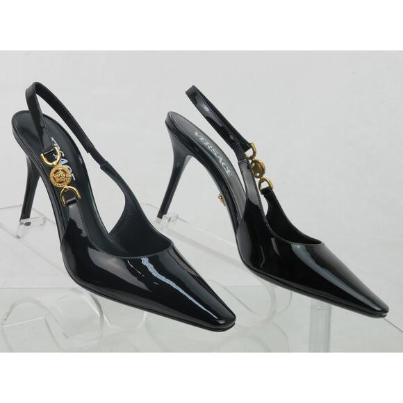 VERSACE BLACK PATENT LEATHER GOLD MEDUSA SANDALS 85 MM HEEL PUMPS 40.5 10.5 IT - Picture 5 of 12